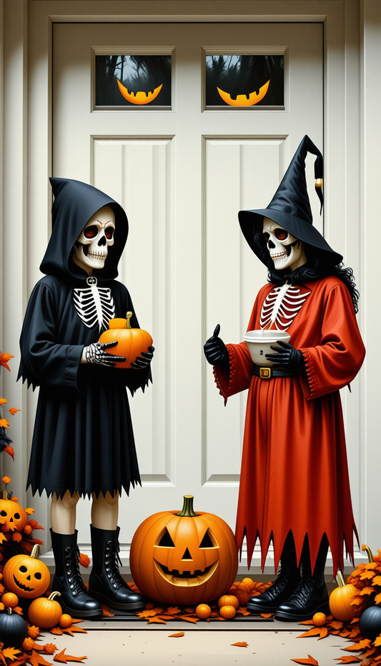 Two skeletons dressed as witches on Halloween holding pumpkins by a decorated door.