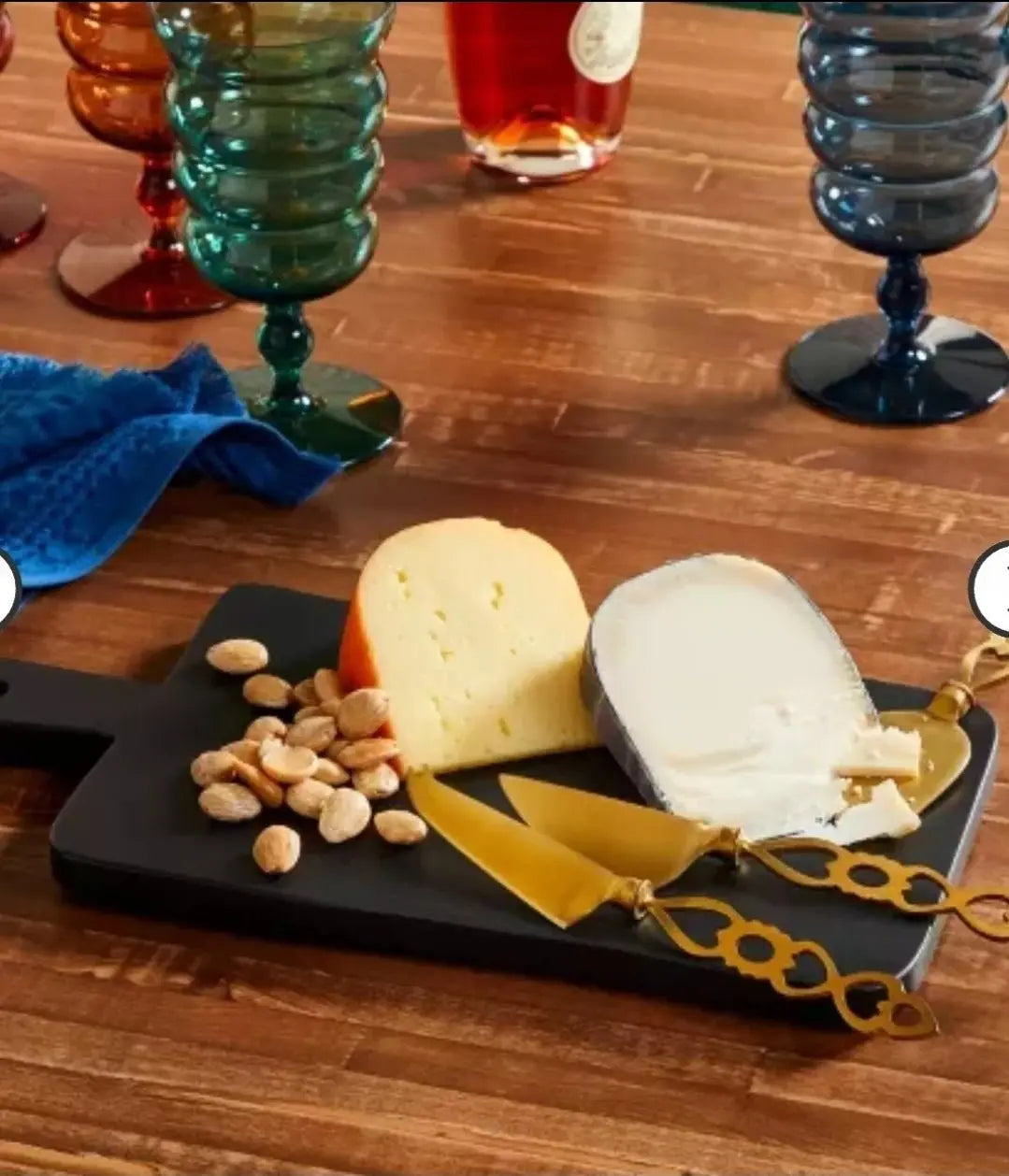 black wooden cheese serving board - 14" x 6.7" - Opalhouse™ with cheese, nuts, and cheese knives.