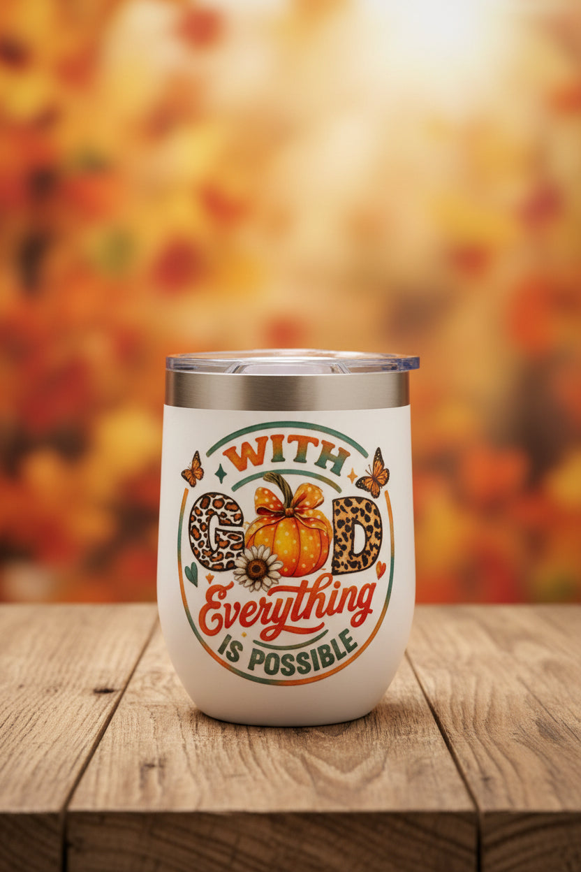 With God Everything Is Possible – Fall Pumpkin Leopard Print Stemless Wine Tumbler The Bargains Basement