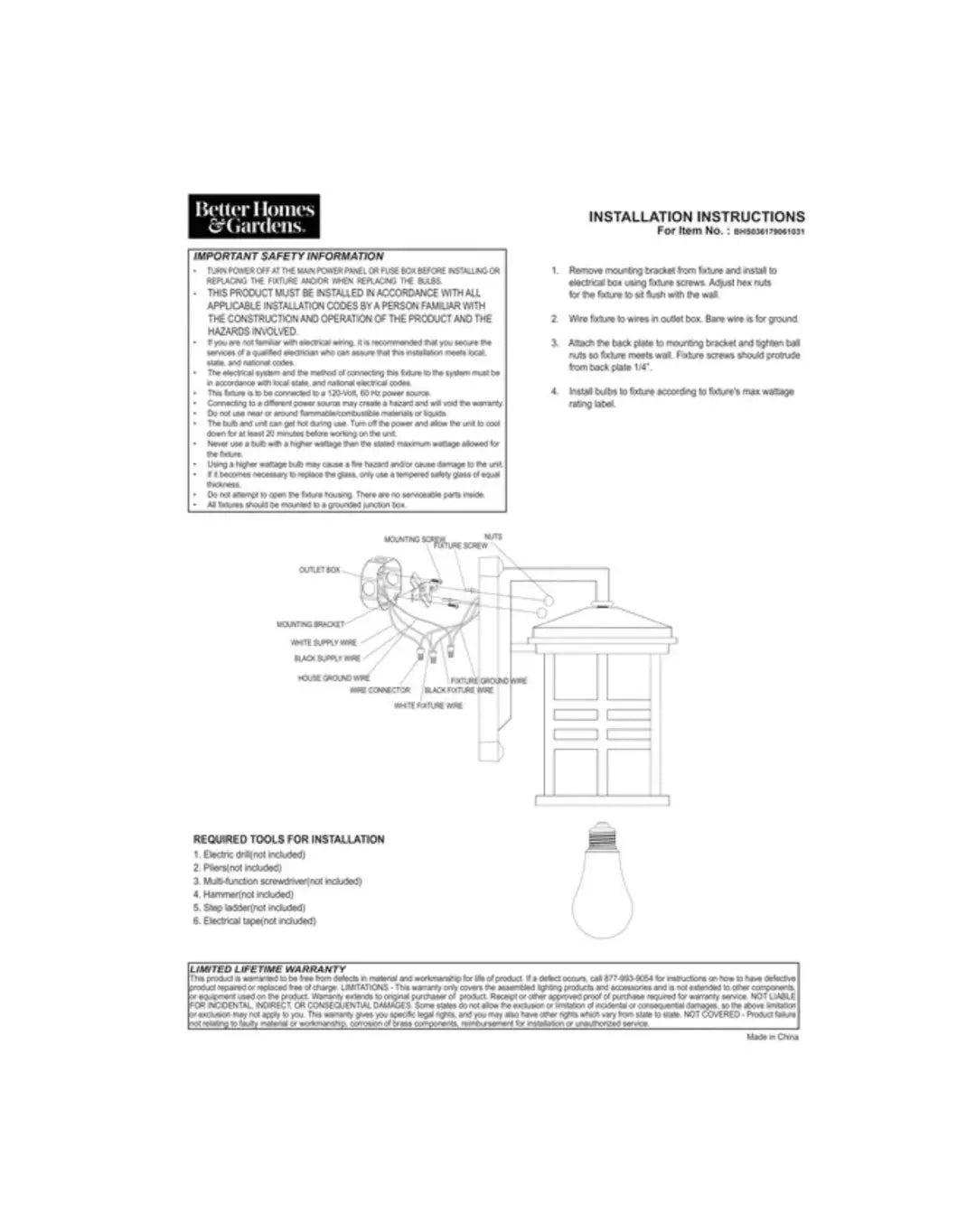 Installation instructions for Farmhouse Outdoor Wall Light - Better Homes & Gardens with safety information and tools required.