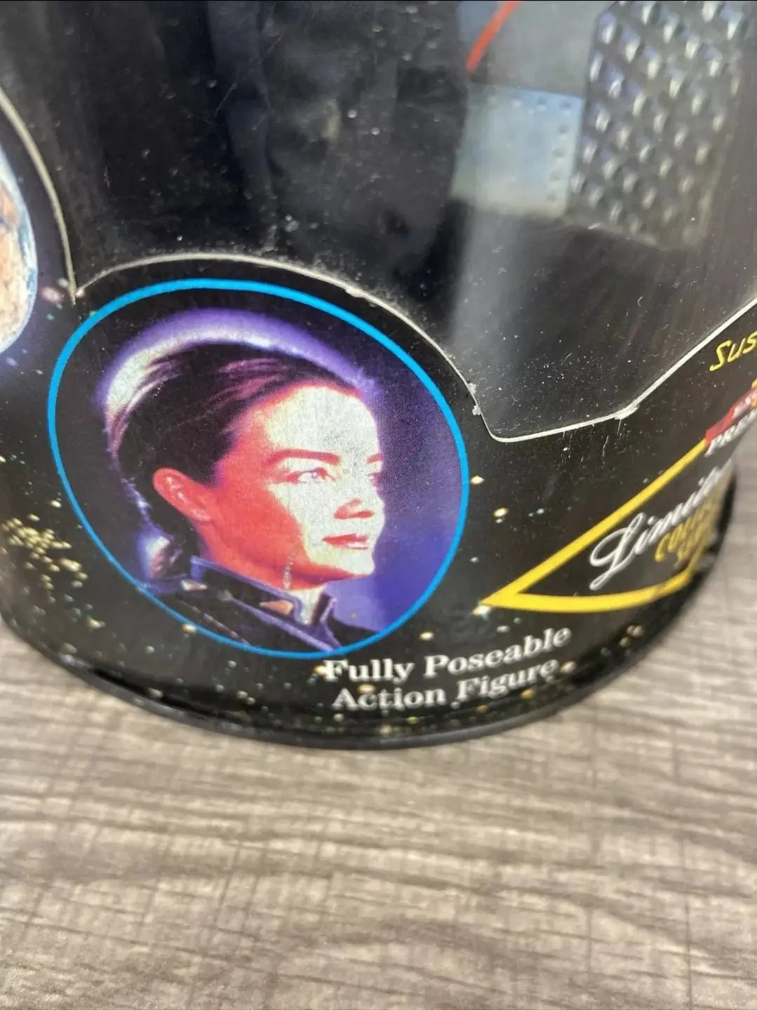 Close-up of Babylon 5 Susan Ivanova Action Figure - Exclusive Edition packaging, showcasing detailed artwork.