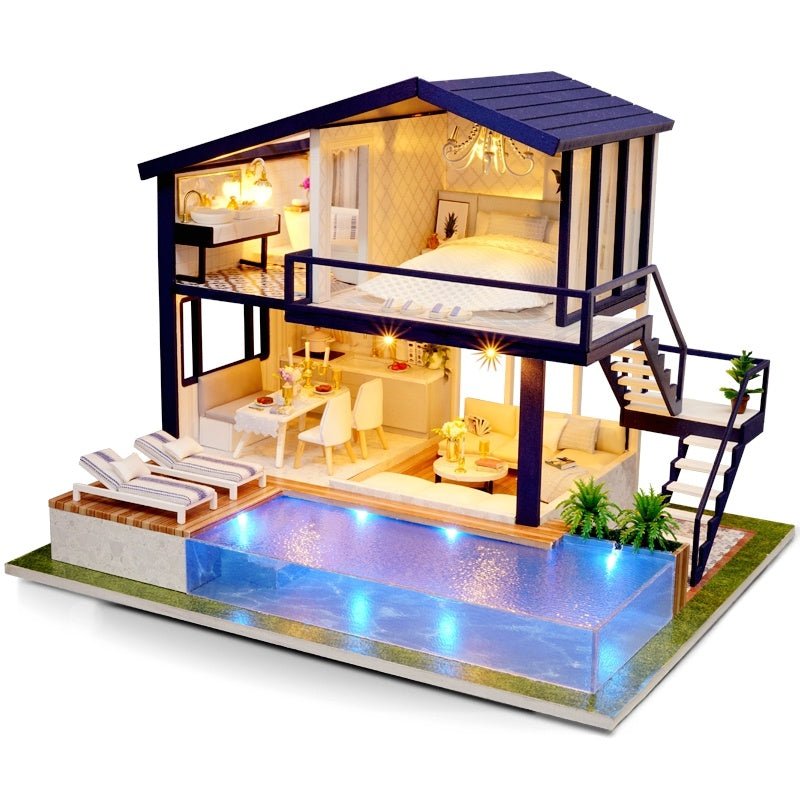 DIY Wooden Dollhouse Kit – 3D Miniature House with Furniture & LED Lights - The Bargains BasementDIY Wooden Dollhouse Kit – 3D Miniature House with Furniture & LED Lights