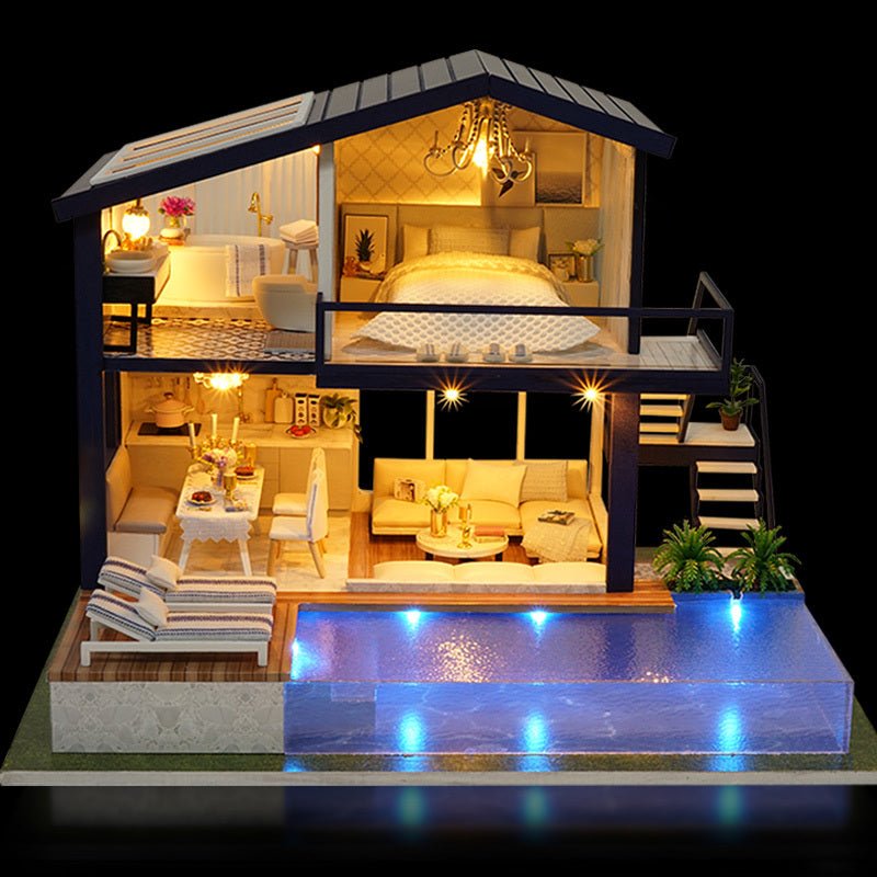 DIY Wooden Dollhouse Kit – 3D Miniature House with Furniture & LED Lights - The Bargains BasementDIY Wooden Dollhouse Kit – 3D Miniature House with Furniture & LED Lights