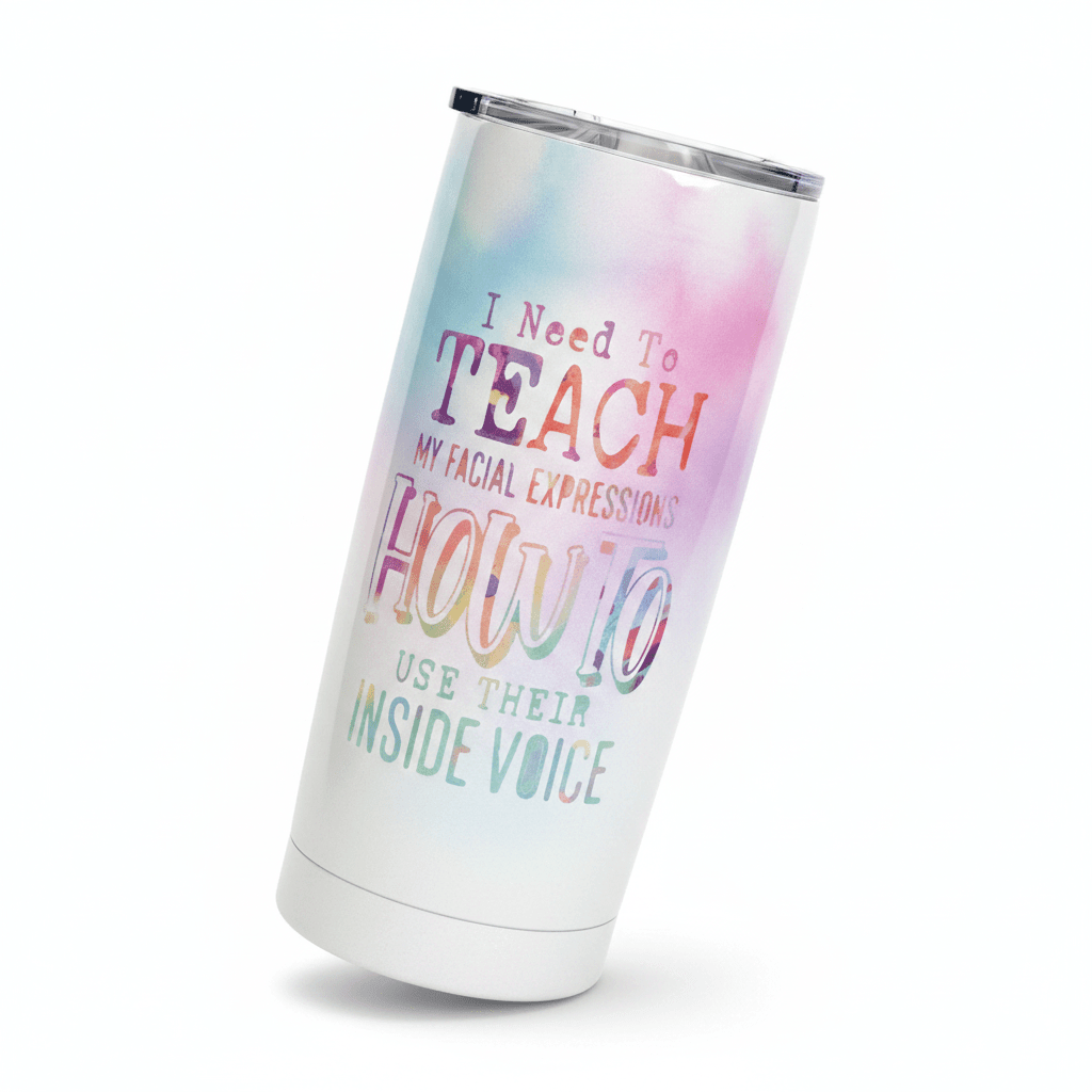 Funny stainless steel tumbler with pastel tie-dye design and humorous quote about facial expressions.
