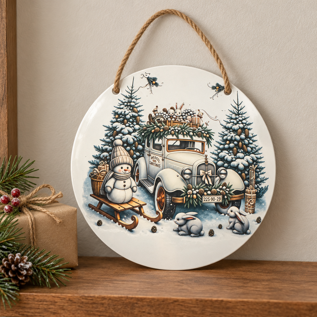 Vintage Christmas Car & Snowman Round Metal Sign – Handmade 10 Inch The Bargains Basement