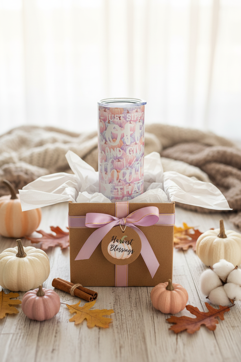 Just Sippin Coffee and Giving Thanks Pastel Pumpkin Skinny Tumbler | Handmade Fall Drinkware The Bargains Basement