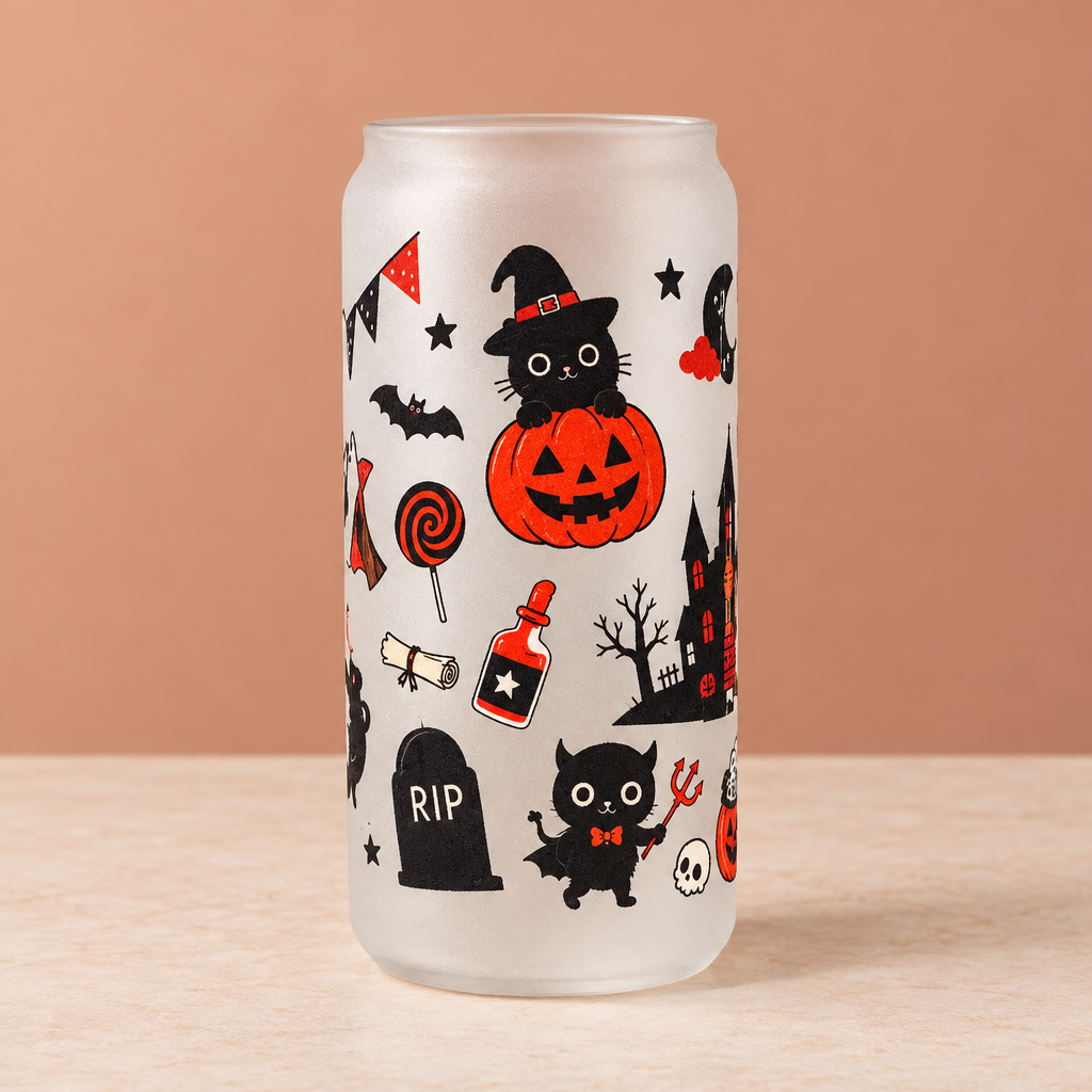 Halloween Cats & Pumpkins Frosted Glass Tumbler The Bargains Basement