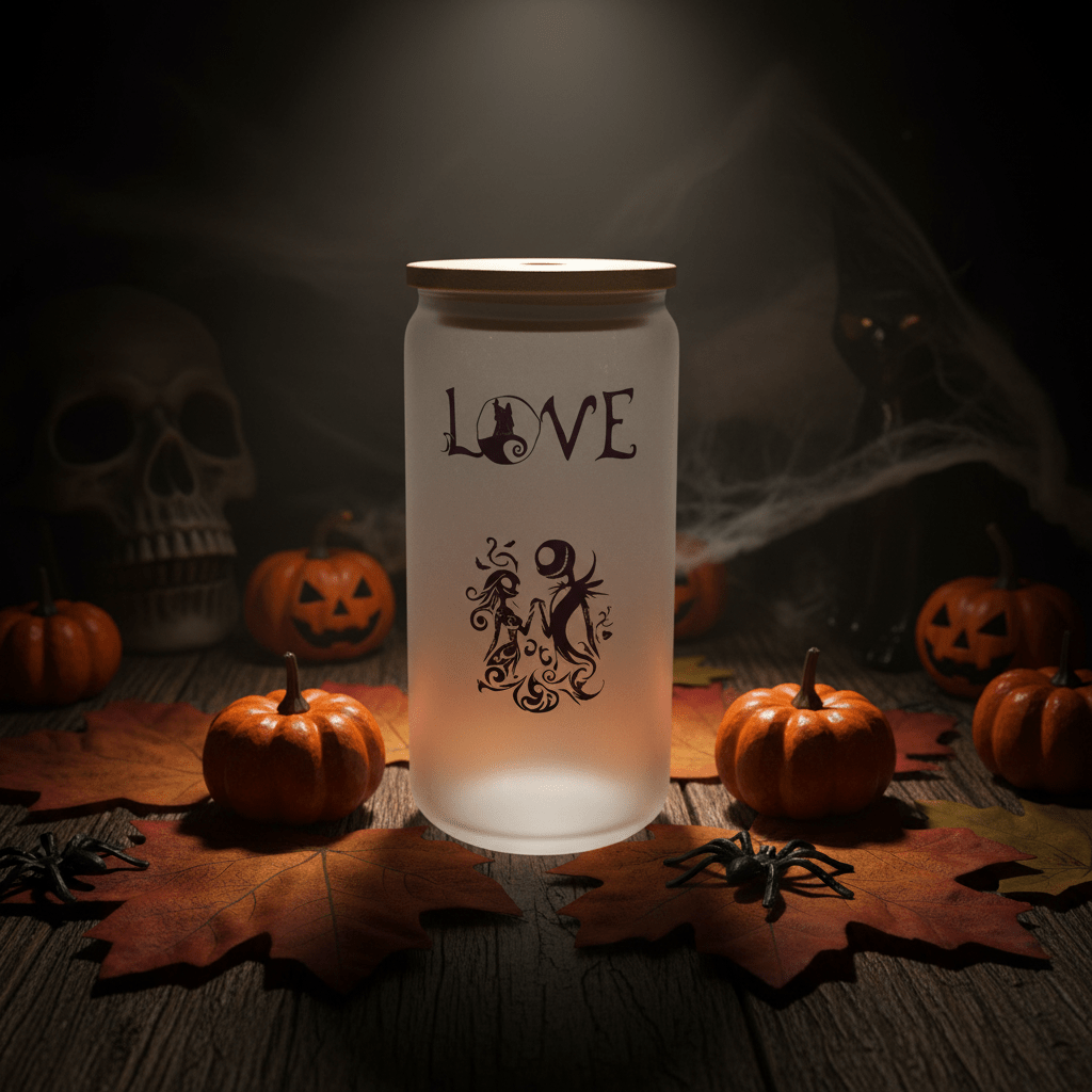 Jack & Sally LOVE Frosted Glass Can Cup - The Bargains BasementJack & Sally LOVE Frosted Glass Can Cup