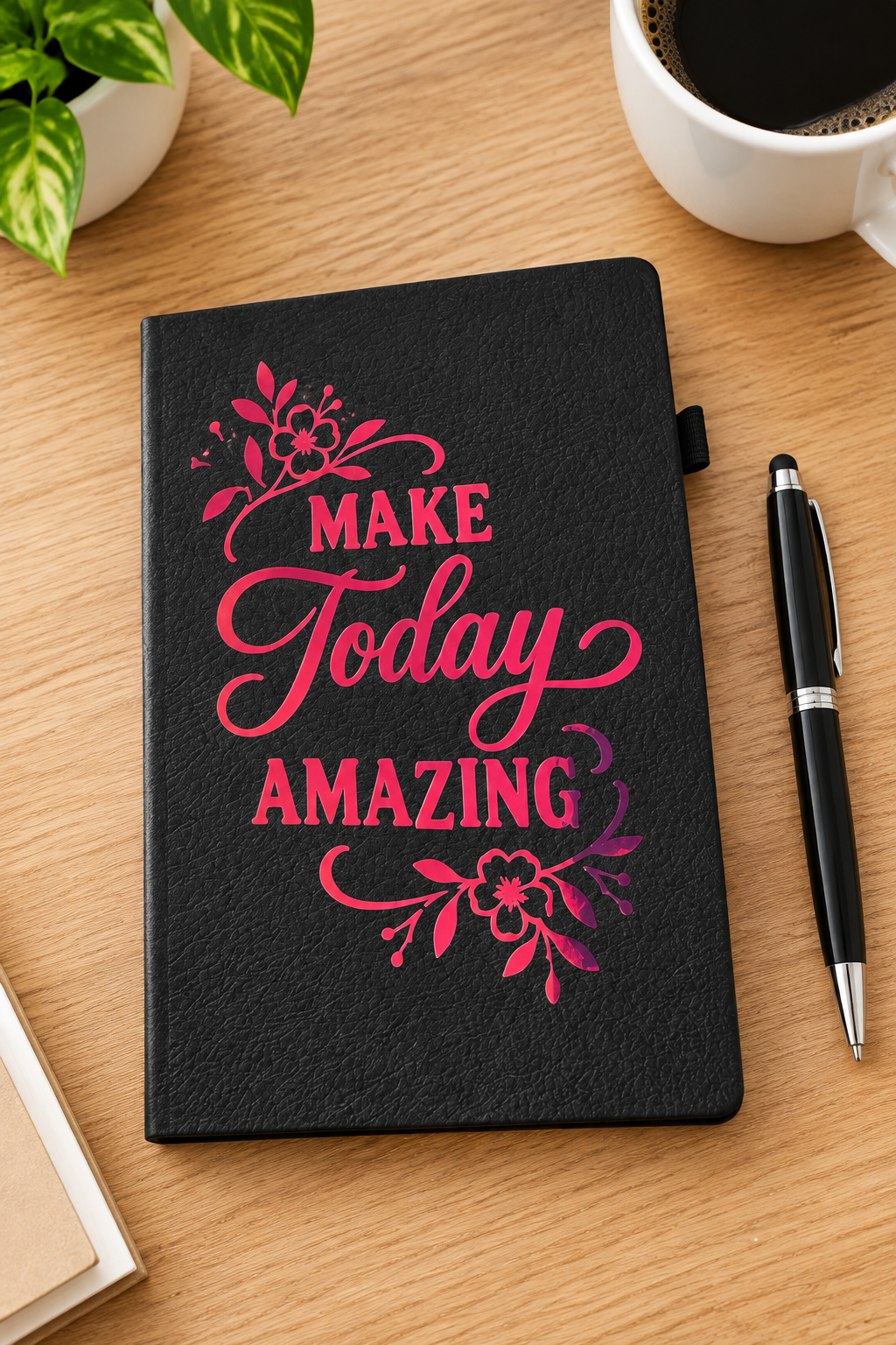 Journal on a desk with pen and coffee