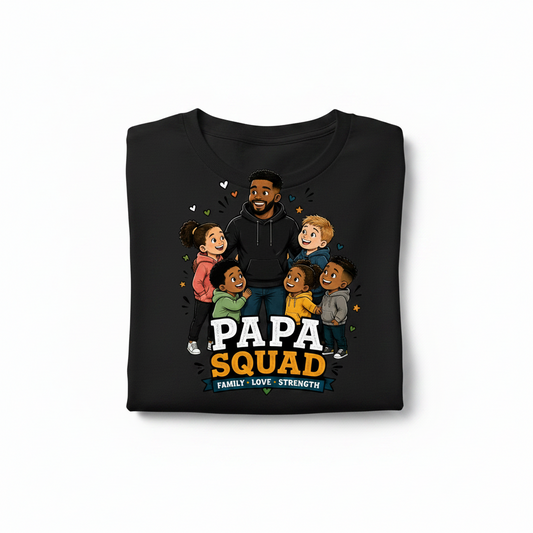 handmade Papa Squad t-shirt featuring colorful family illustration on a black background.