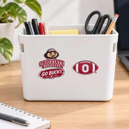 Stickers on a storage bin