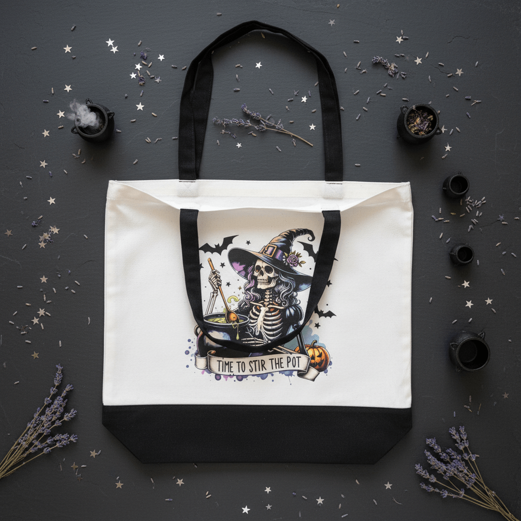 Time to Stir the Pot | Skeleton Witch Canvas Tote Bag | Handmade Halloween Gift - The Bargains BasementTime to Stir the Pot | Skeleton Witch Canvas Tote Bag | Handmade Halloween Gift