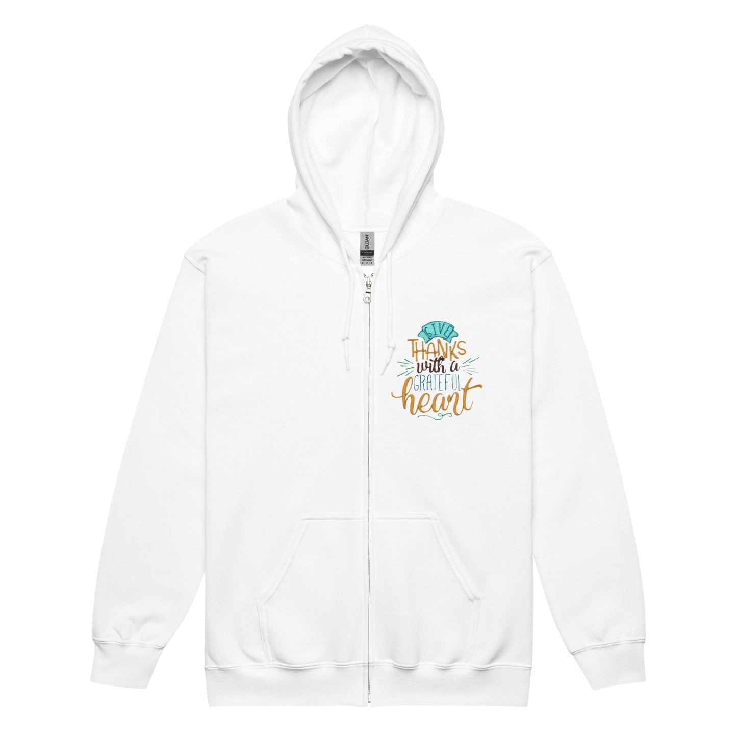 Give Thanks with a greatful heart Unisex heavy blend zip hoodie in white, made from a soft polyester blend.