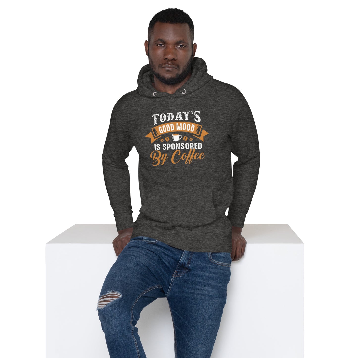 This good mood is sponsored by coffeeUnisex Hoodie worn by a man, showcasing a soft and comfortable design with a pouch pocket.