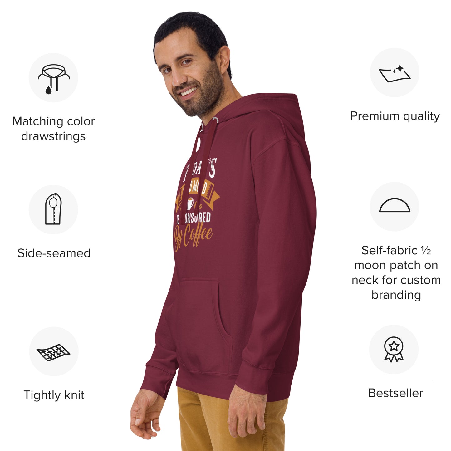 This good mood is sponsored by coffeeUnisex Hoodie features a premium quality soft, comfortable polyester blend design.
