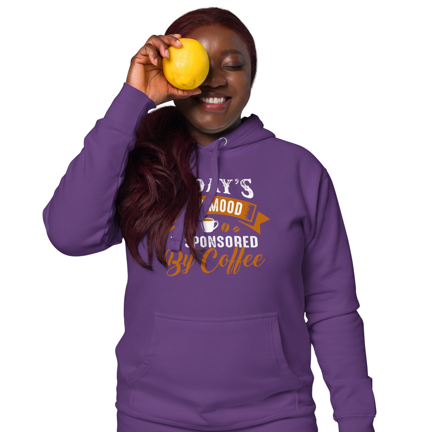 This good mood is sponsored by coffeeUnisex Hoodie in purple, showcasing comfort and style, perfect for chilly evenings.