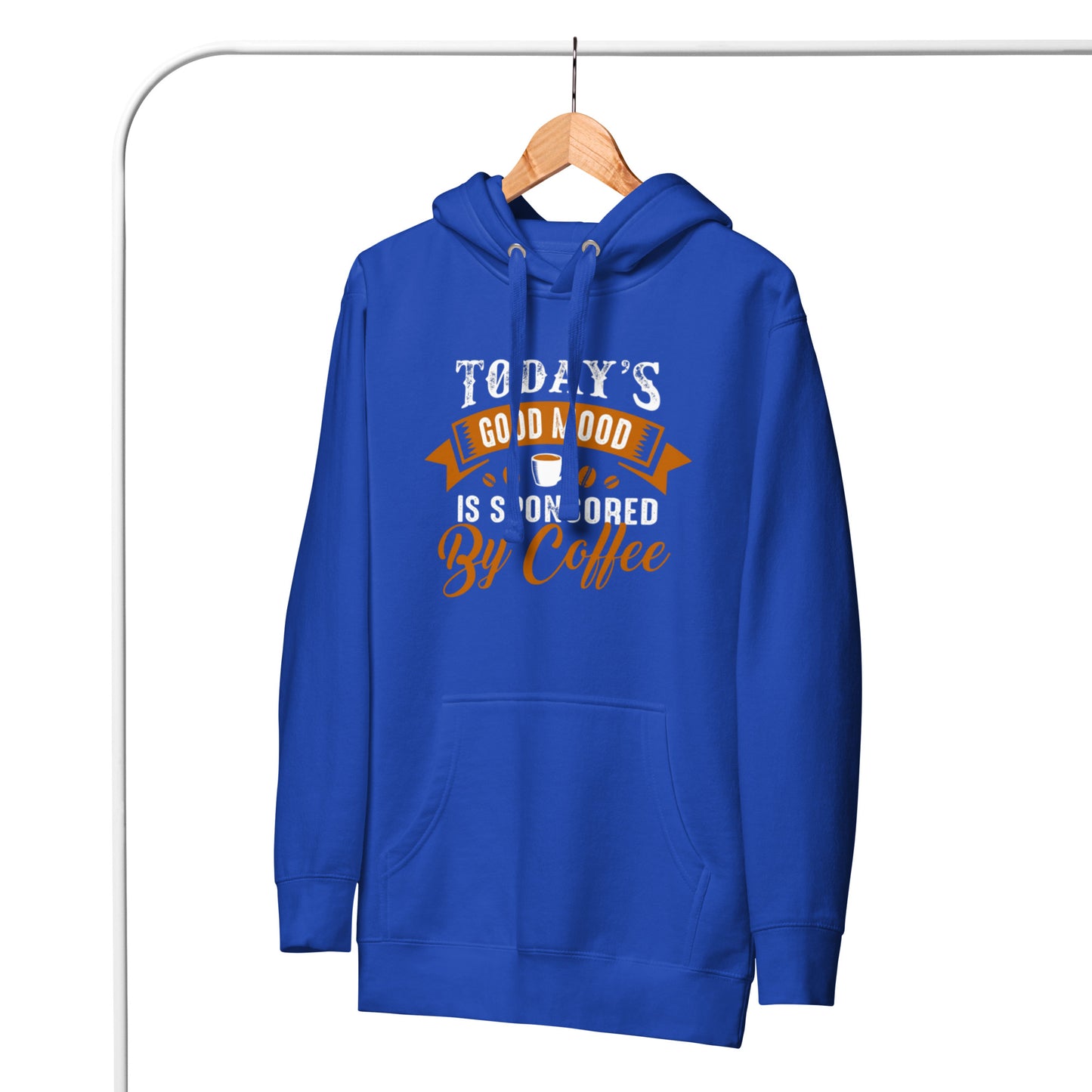 This good mood is sponsored by coffeeUnisex Hoodie in blue with pouch pocket, soft fabric, comfortable polyester blend.