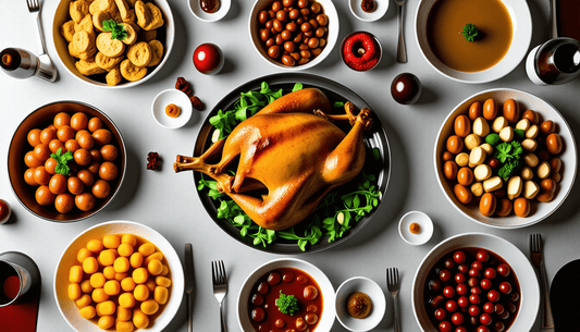 Festive dinner table with roasted turkey, various side dishes, and drinks.