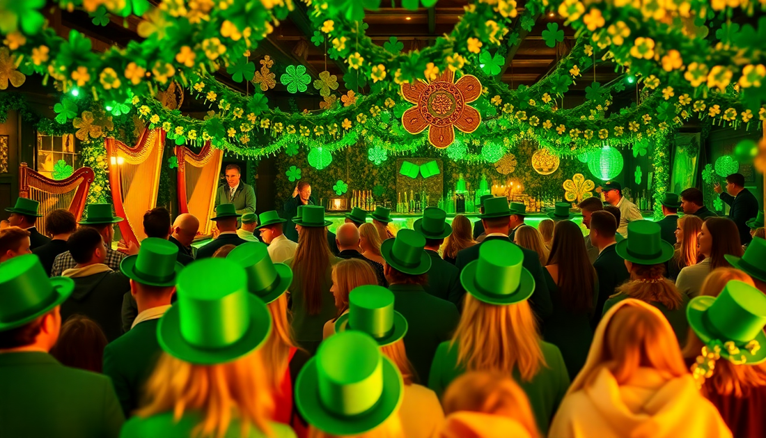 Celebratory crowd in green attire at a St Patrick's Day event, showcasing vibrant decorations and festive spirit.
