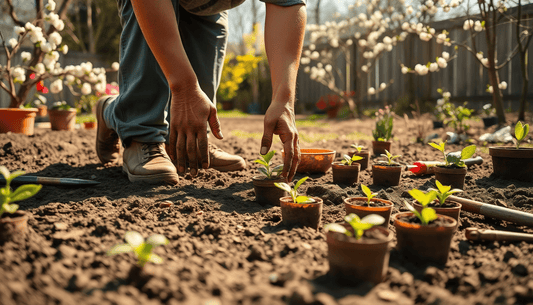 Gardener preparing new plants in pots with gardening supplies for spring in a sunny outdoor setting.