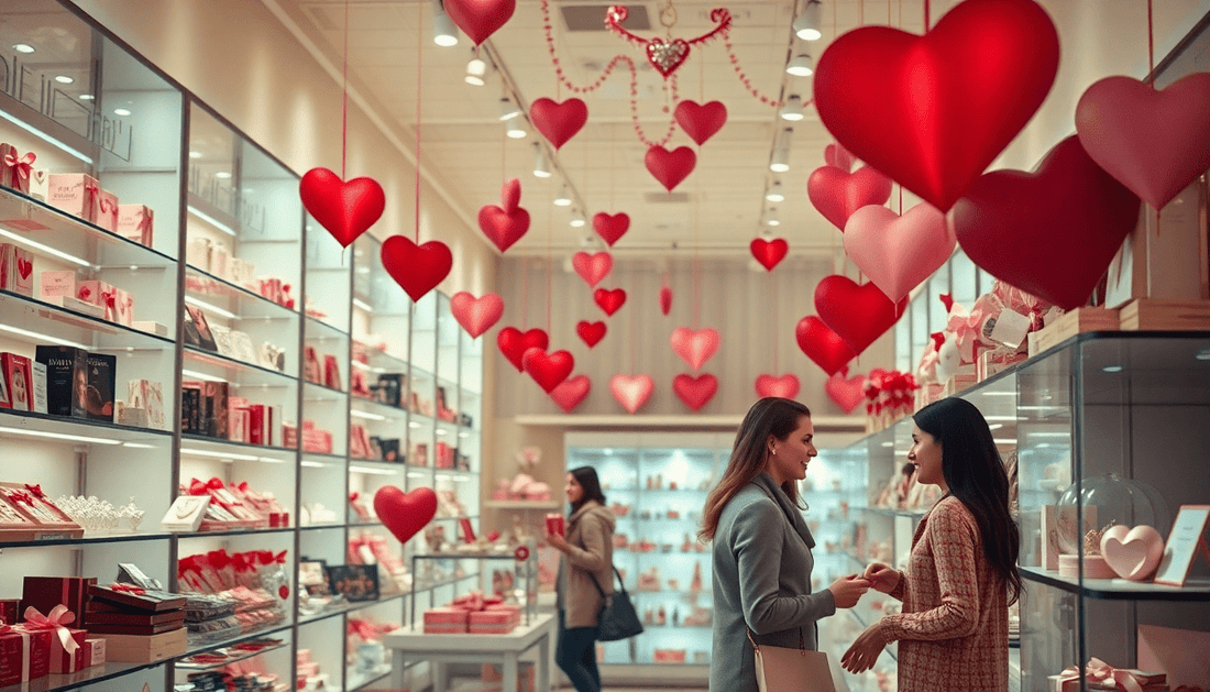 Two women shopping for Valentine's Day gifts surrounded by heart decorations in a stylish store.