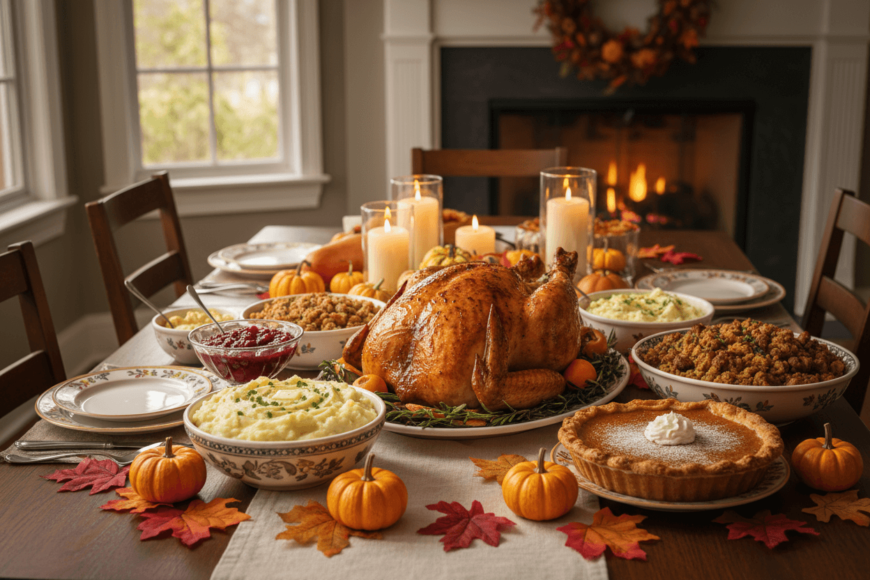 Thanksgiving themed decorations with a beautifully set table featuring a turkey and festive sides.