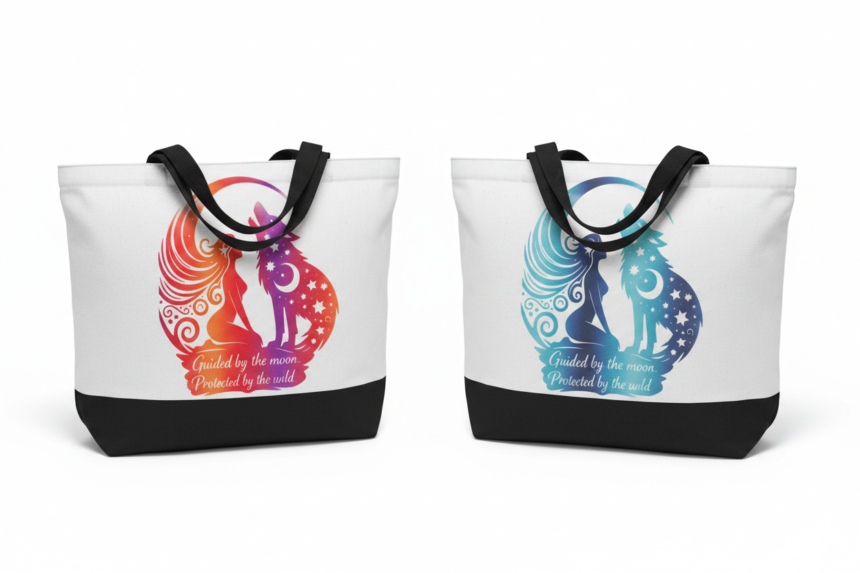 Guided by the Moon Canvas Tote Bag – Wolf & Moon Mystical Design The Bargains Basement