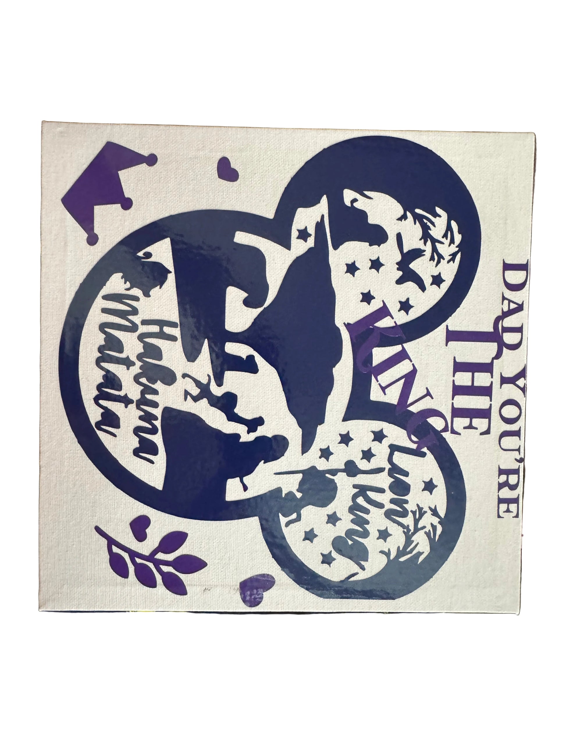 Lion King canvas sign for dad featuring Mickey Mouse silhouette and iconic characters in navy and purple on cream canvas.