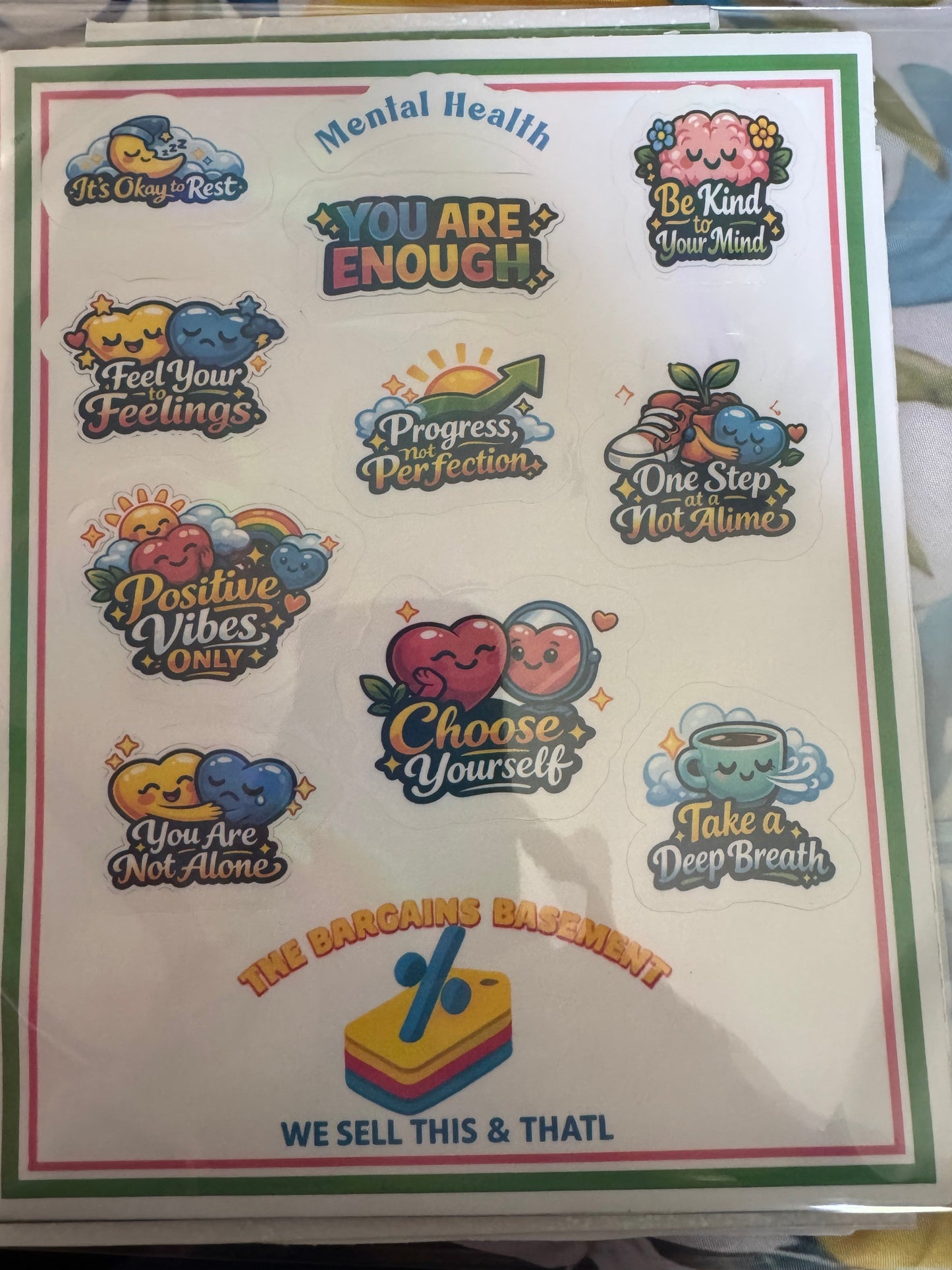 Mental Health Vinyl Sticker Sheet featuring motivational mental health stickers with colorful kawaii designs.