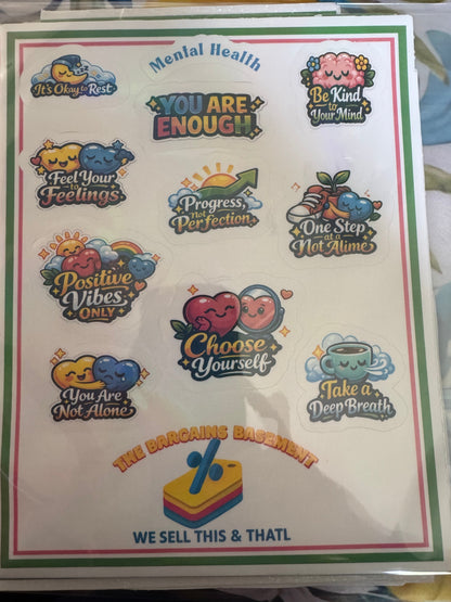Mental Health Vinyl Sticker Sheet featuring motivational mental health stickers with colorful kawaii designs.