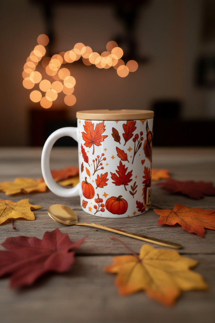 Hey Fall Highland Cow Canister & Fall Leaves Mug Set with Bamboo Lids & Gold Spoon The Bargains Basement