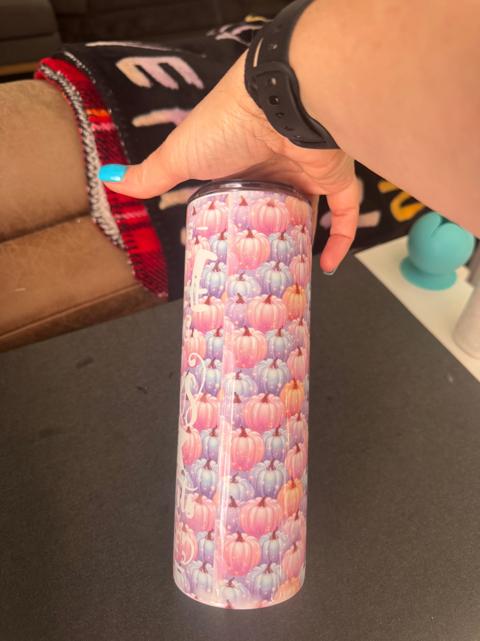 Just Sippin Coffee and Giving Thanks Pastel Pumpkin Skinny Tumbler | Handmade Fall Drinkware The Bargains Basement