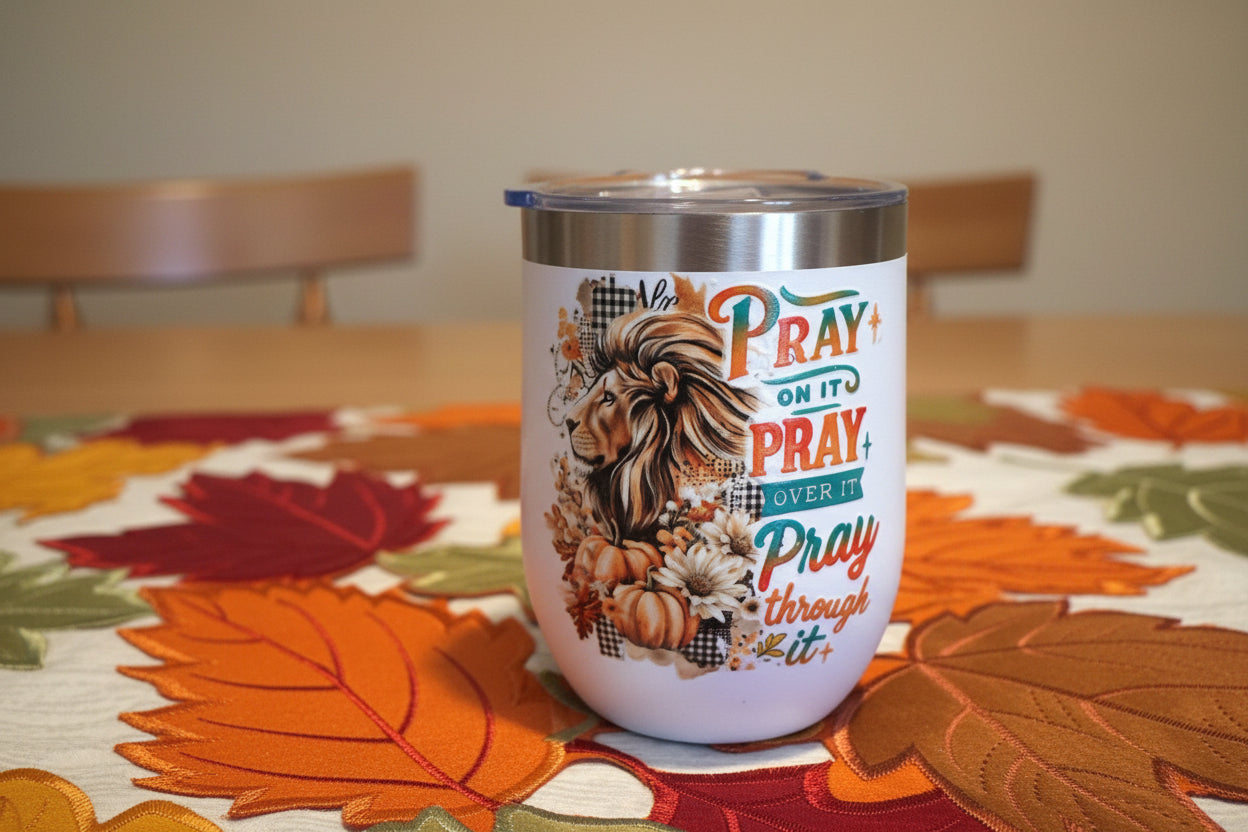 Pray On It, Pray Over It, Pray Through It – Lion & Fall Pumpkin Stemless Wine Tumbler The Bargains Basement