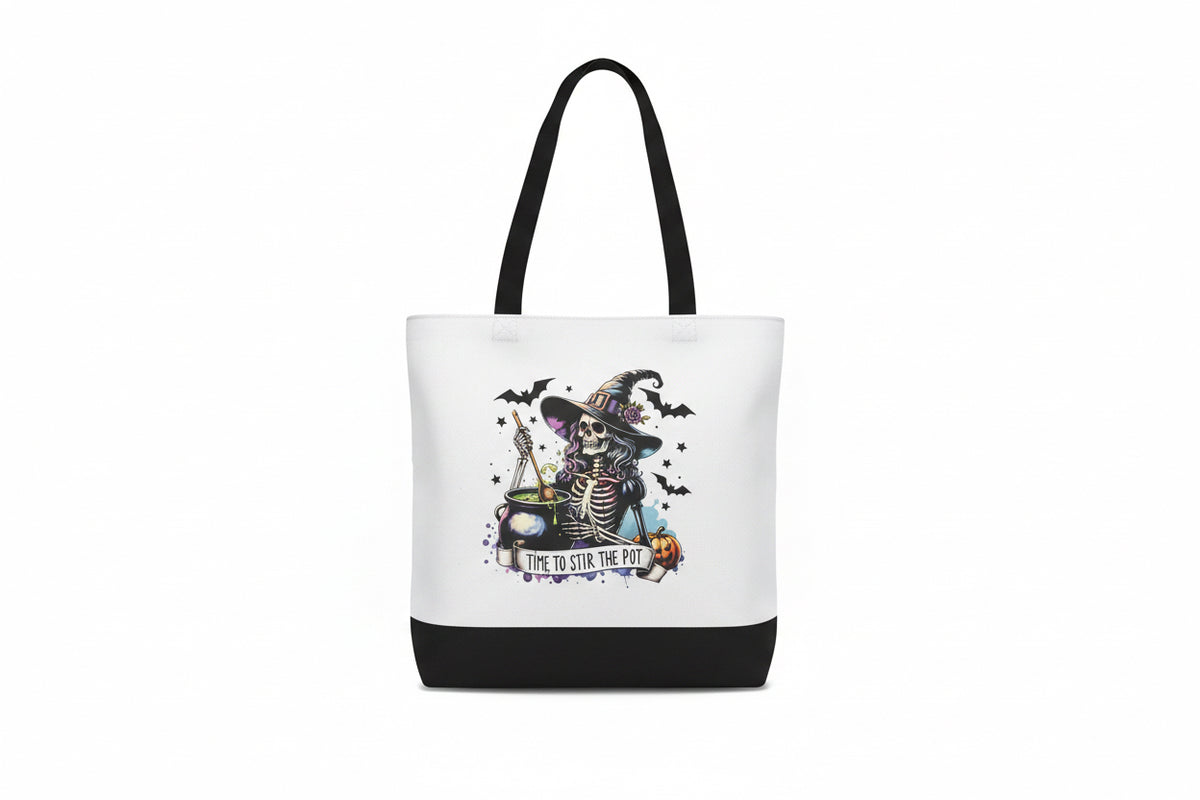 Time to Stir the Pot | Skeleton Witch Canvas Tote Bag | Handmade Halloween Gift The Bargains Basement