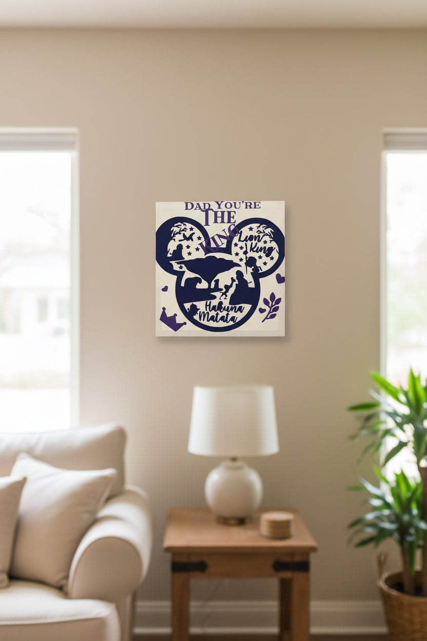 Lion King canvas sign for dad displayed in a cozy living room setting, featuring Mickey Mouse silhouette design.
