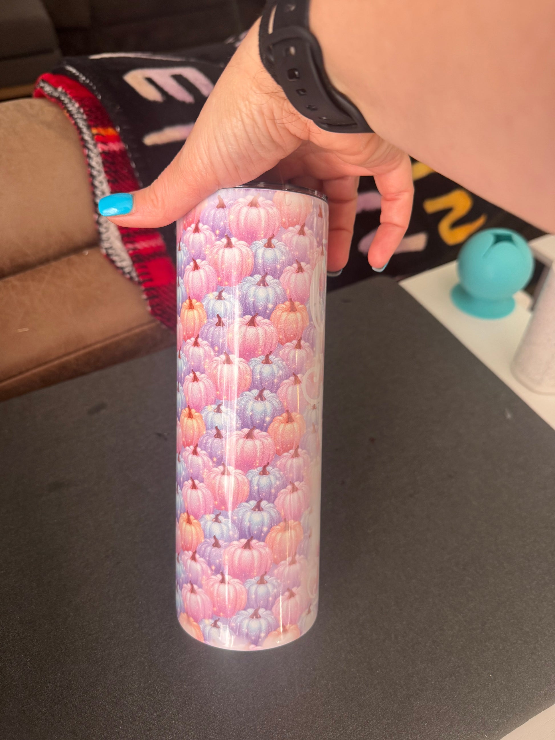 Just Sippin Coffee and Giving Thanks Pastel Pumpkin Skinny Tumbler | Handmade Fall Drinkware The Bargains Basement