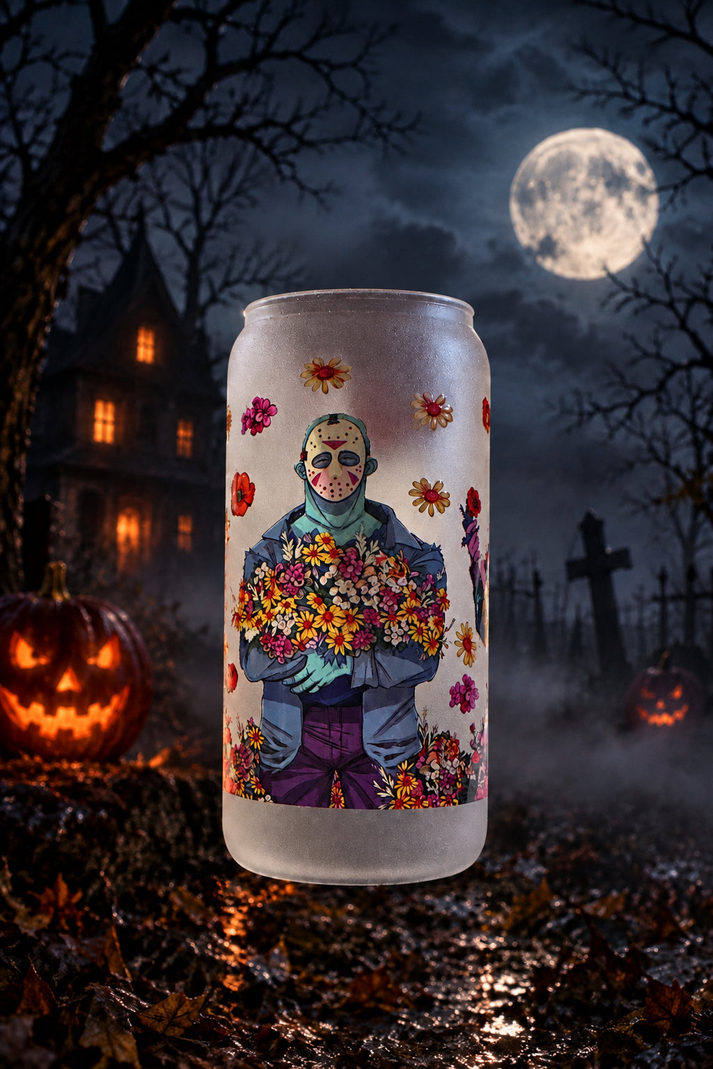 Floral Horror Villains Frosted Glass Tumbler with Bamboo Lid and Straw The Bargains Basement