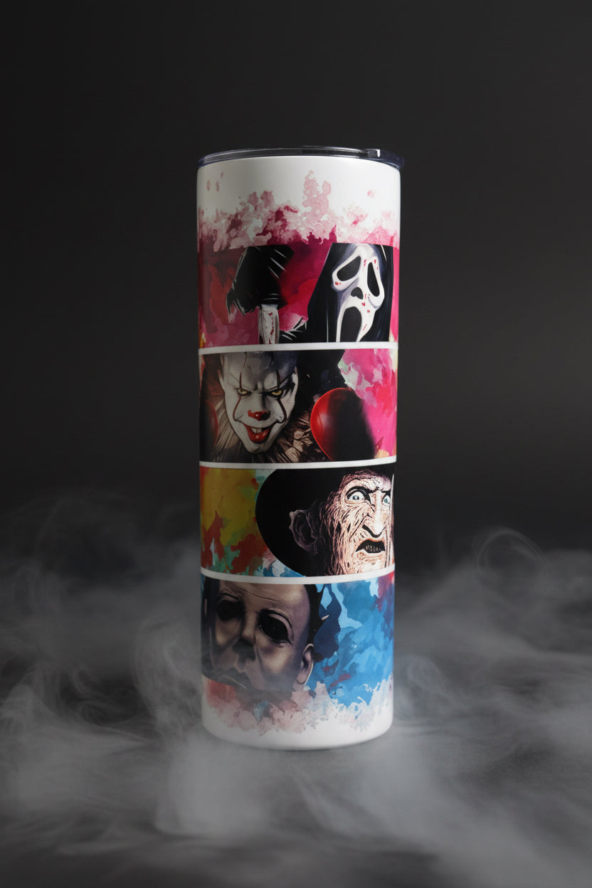Horror Icons Stainless Steel Tumbler with Straw — Full Wrap Front & Back-handmade The Bargains Basement
