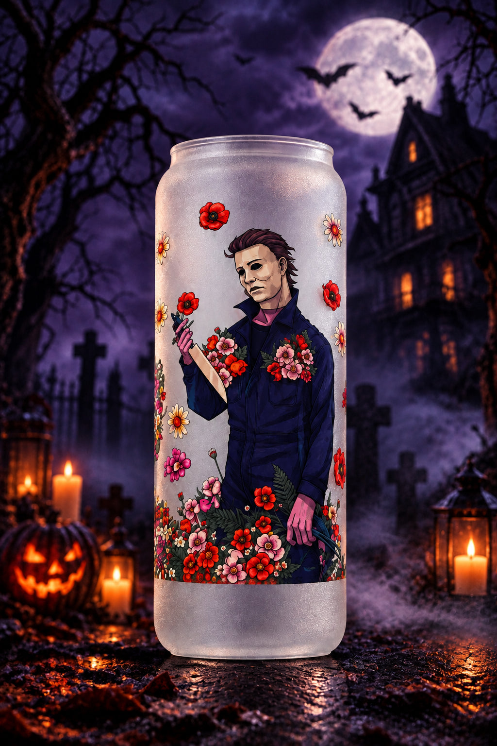 Floral Horror Villains Frosted Glass Tumbler with Bamboo Lid and Straw The Bargains Basement