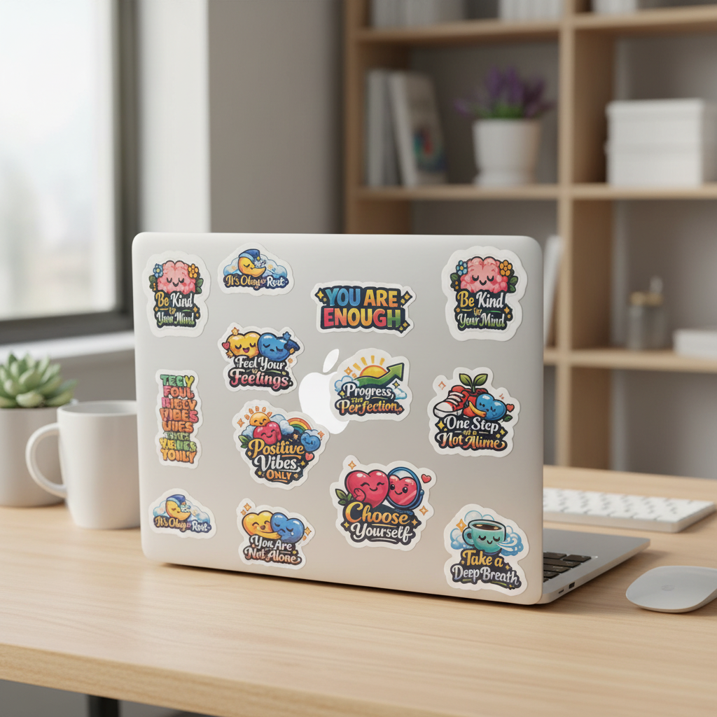 Colorful motivational mental health stickers on a laptop, featuring uplifting messages to promote positivity.