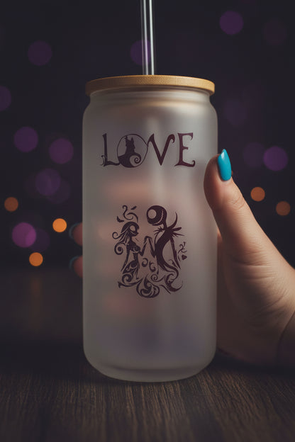 Jack & Sally LOVE Frosted Glass Can Cup The Bargains Basement