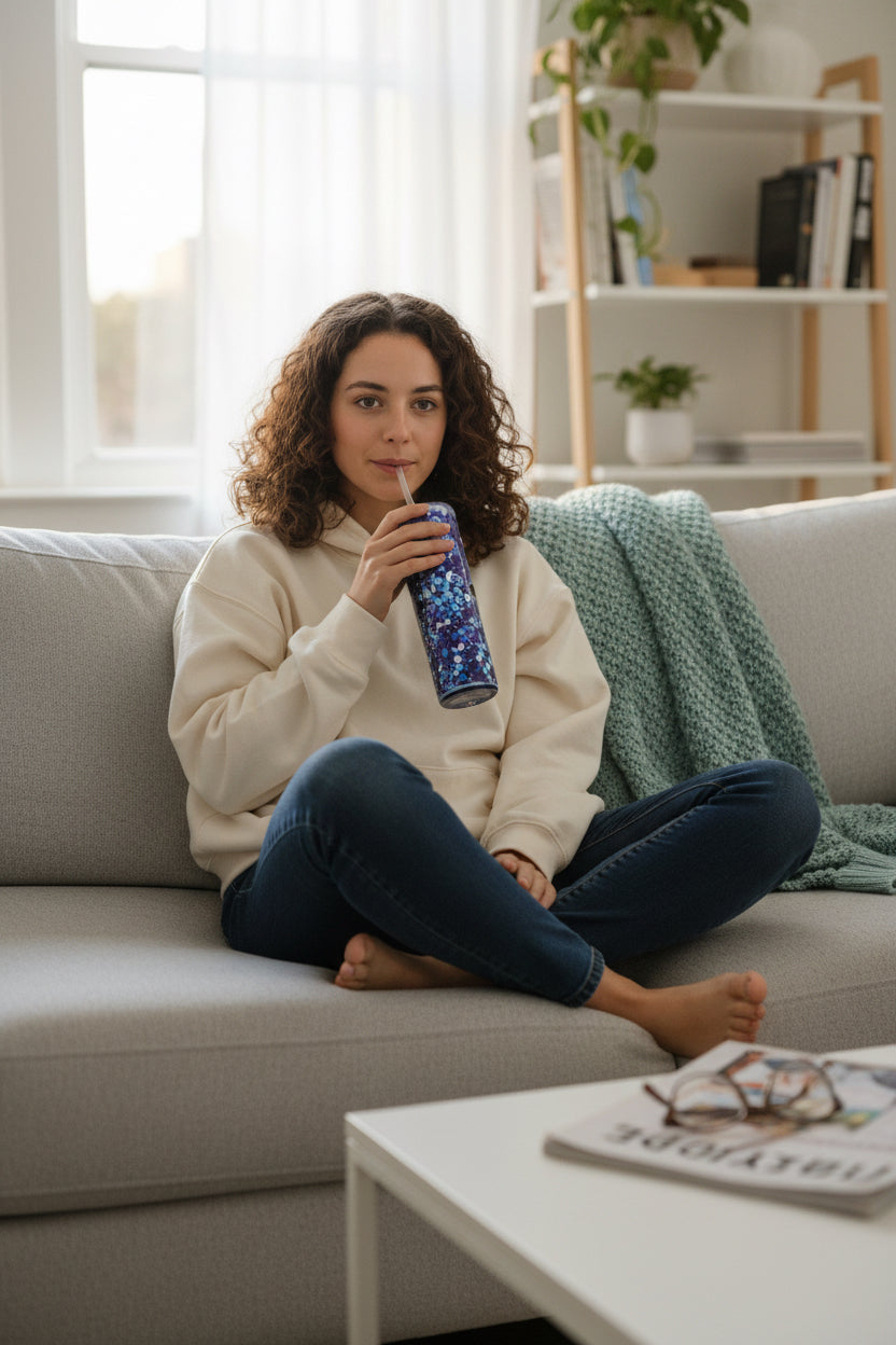 Woman enjoying a drink from a 20oz purple glitter tumbler while sitting on a couch.