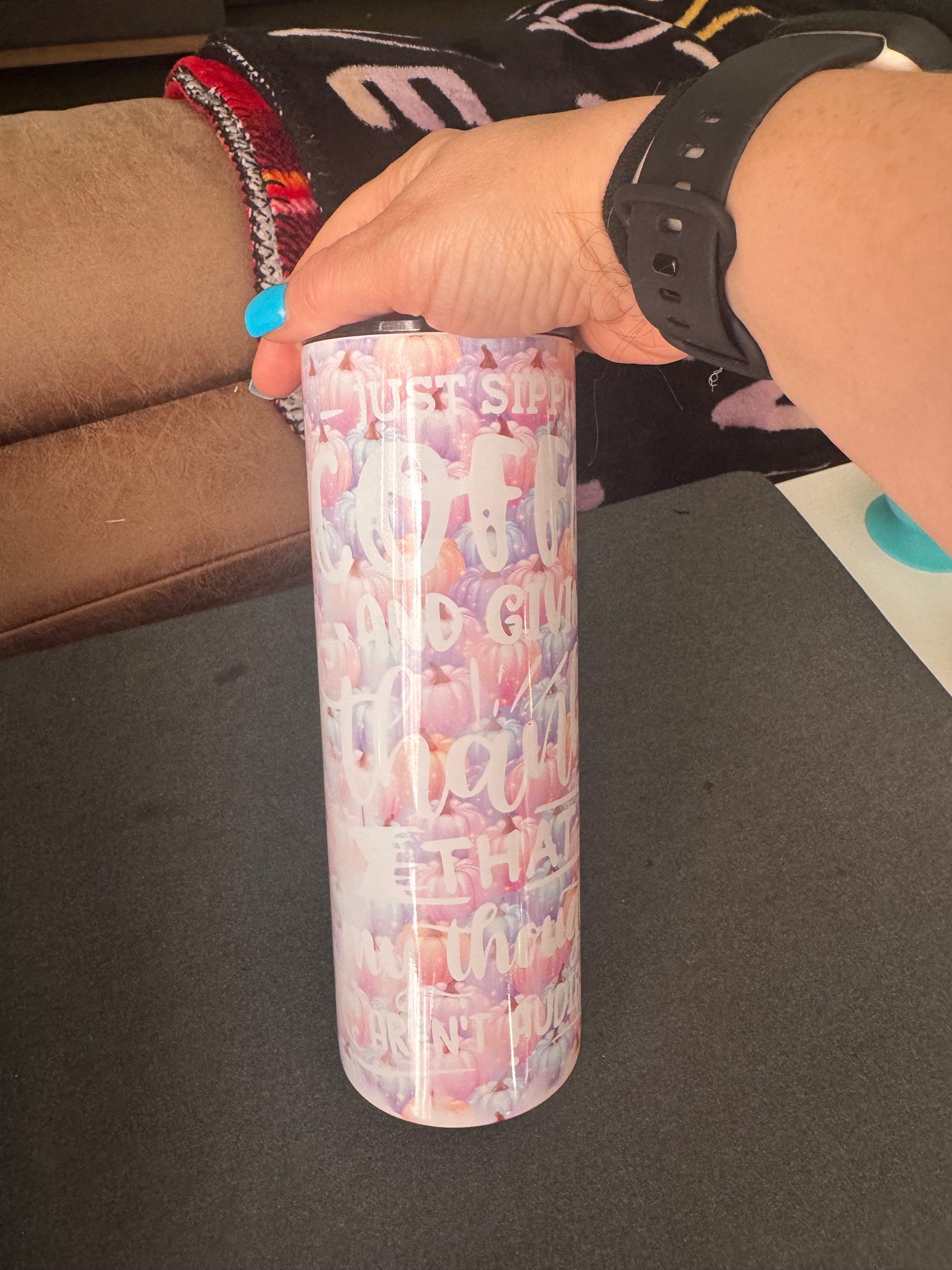 Just Sippin Coffee and Giving Thanks Pastel Pumpkin Skinny Tumbler | Handmade Fall Drinkware The Bargains Basement