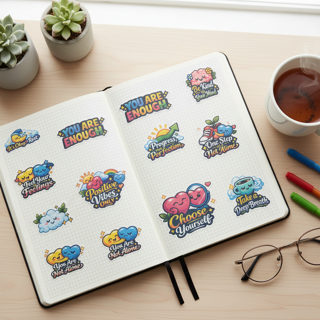 Mental Health Vinyl Sticker Sheet featuring motivational mental health stickers with kawaii designs and uplifting messages.