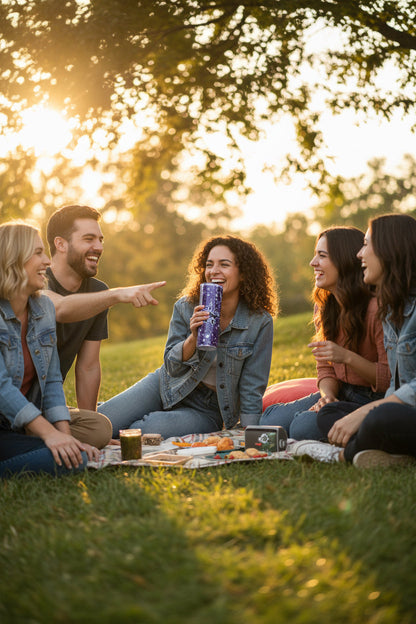 Group of friends enjoying a picnic outdoors with a purple glitter tumbler in hand, surrounded by food and laughter.