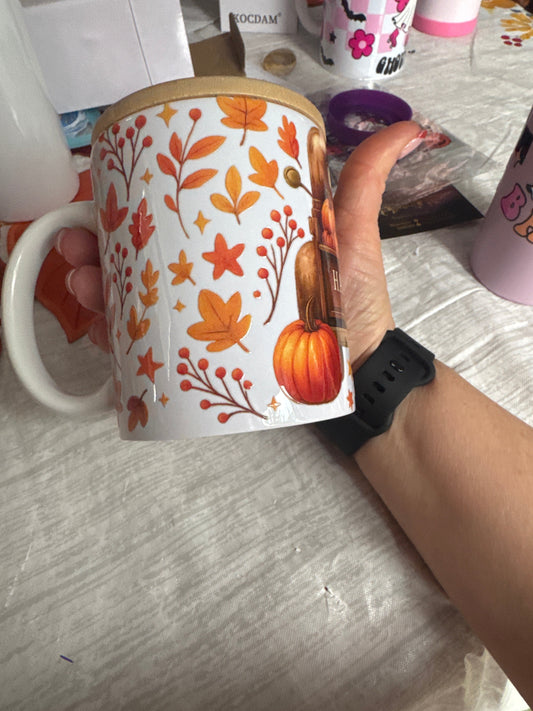 Happy Fall Mug with Bamboo Lid & Gold Spoon The Bargains Basement