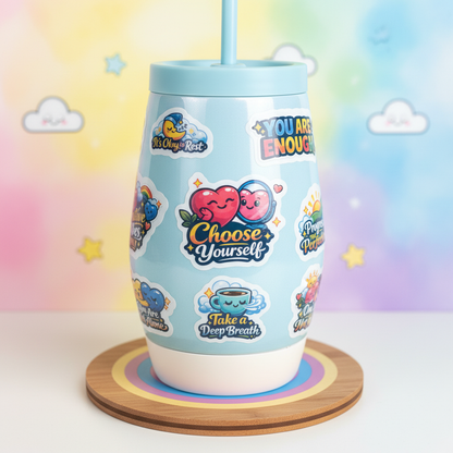 Colorful Mental Health Vinyl Sticker Sheet on a tumbler featuring motivational mental health stickers.