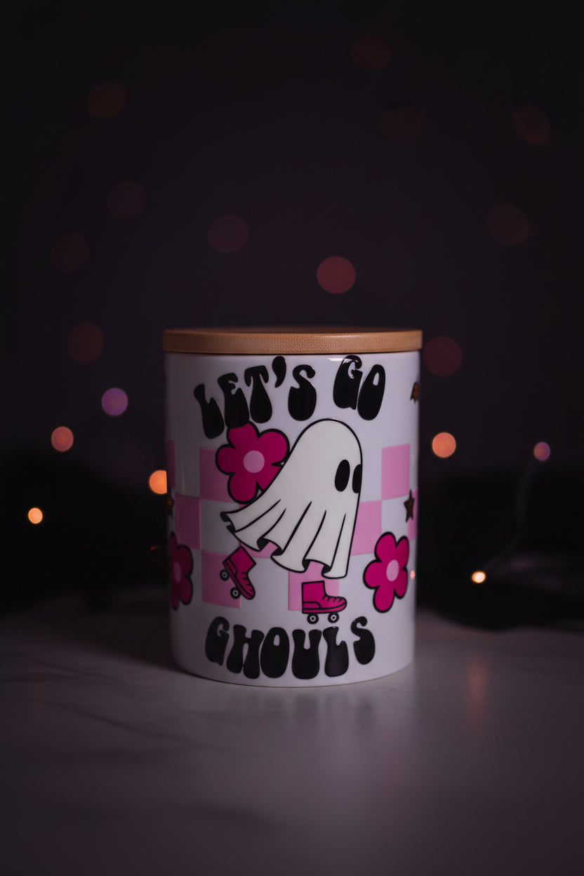 Let's Go Ghouls Halloween Ceramic Mug with Bamboo Lid & Gold Spoon The Bargains Basement