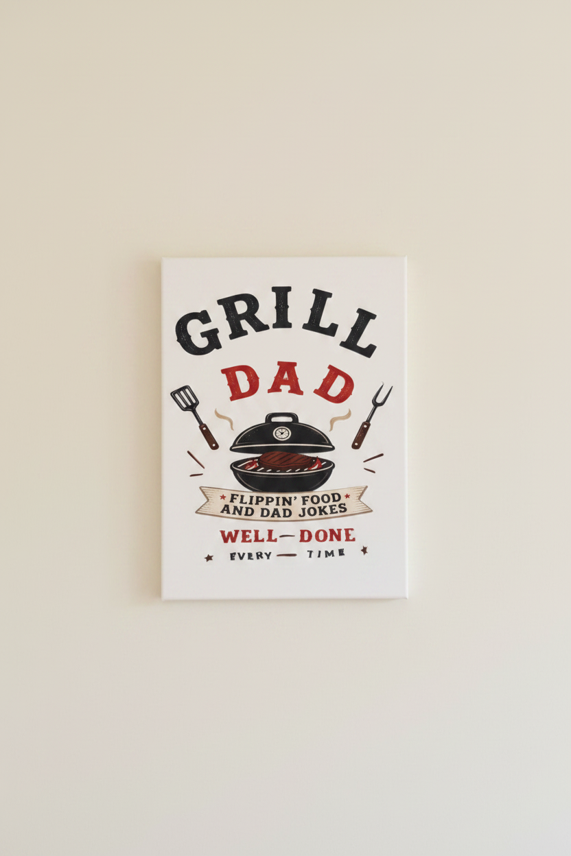 Grill Dad canvas wall art featuring a BBQ grill design with spatula and fork, perfect for home decoration.