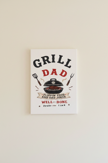 Grill Dad canvas wall art featuring a BBQ grill design with spatula and fork, perfect for home decoration.